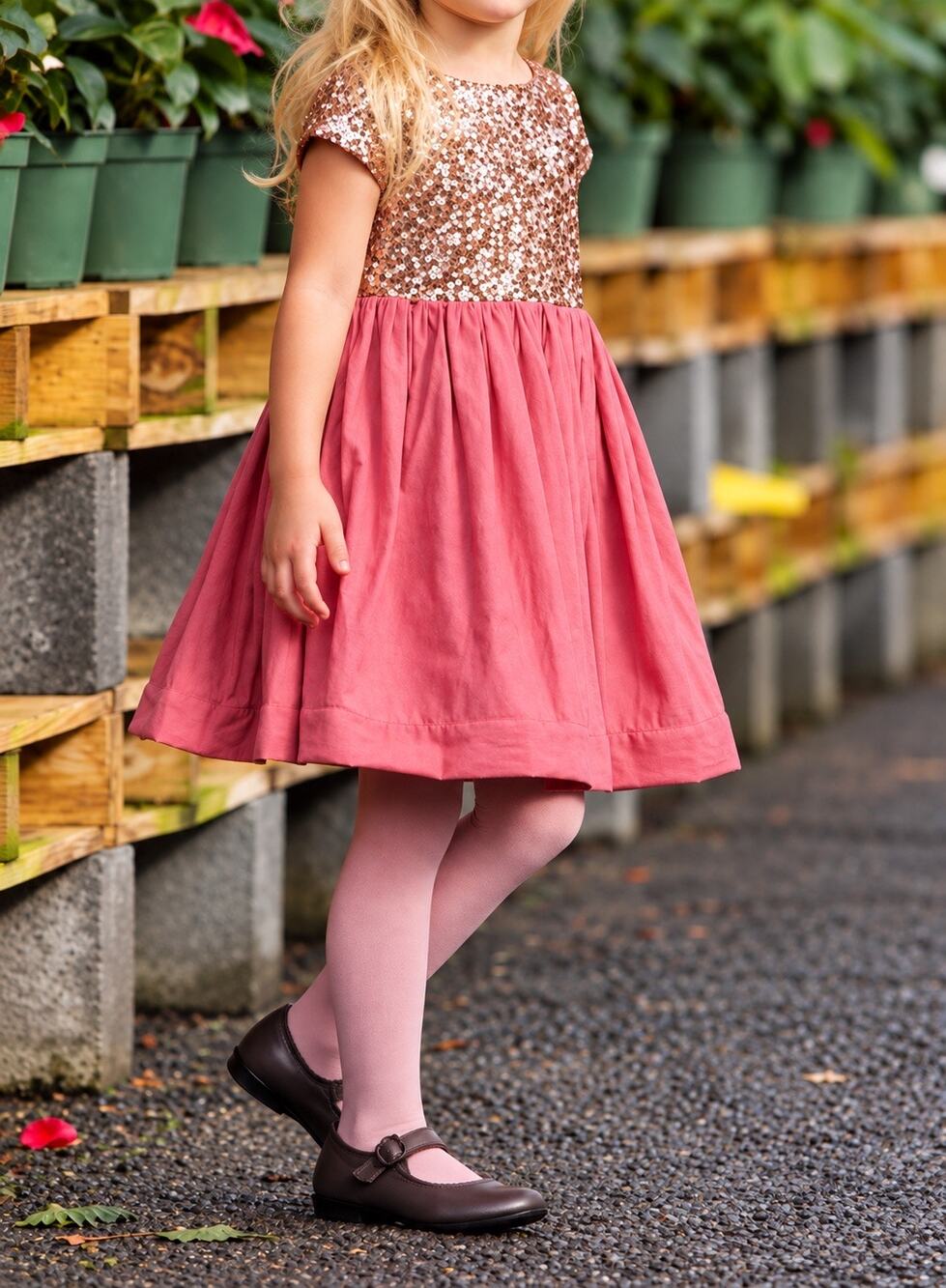 Mini Boden Girls Sequin Party Dress Pink Gold Size 9-10